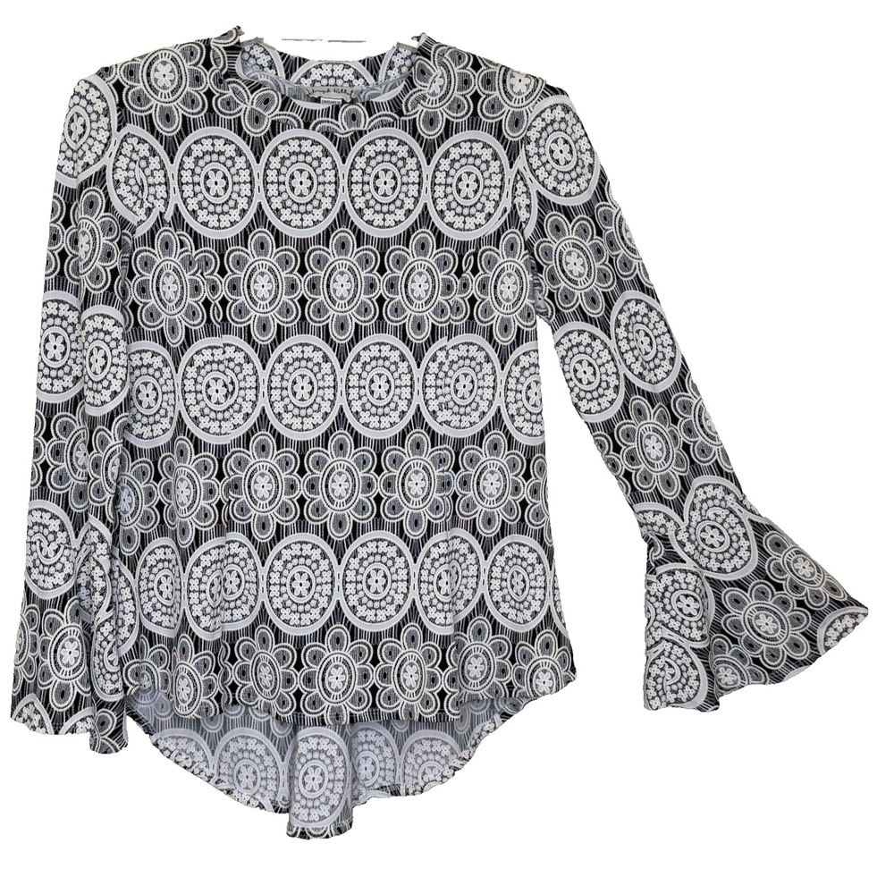 Joseph Ribkoff Pullover Top Womens Size 12 Black White Print Long Bell Sleeve